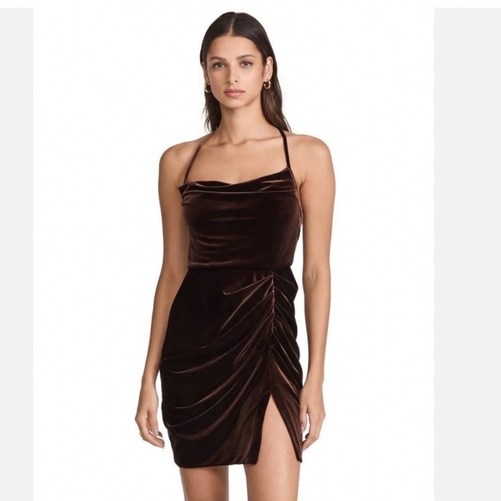 Amanda Uprichard Brown Velvet Ruched Cowl Neck Mini Dress Size L Mob Wife
